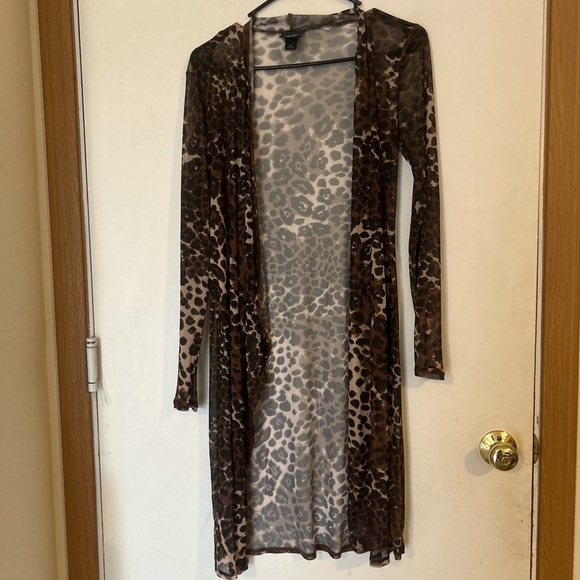 Daytrip Leopard Print Mesh 
long Line Open Front Cardigan Brown and Black - Picture 3 of 10